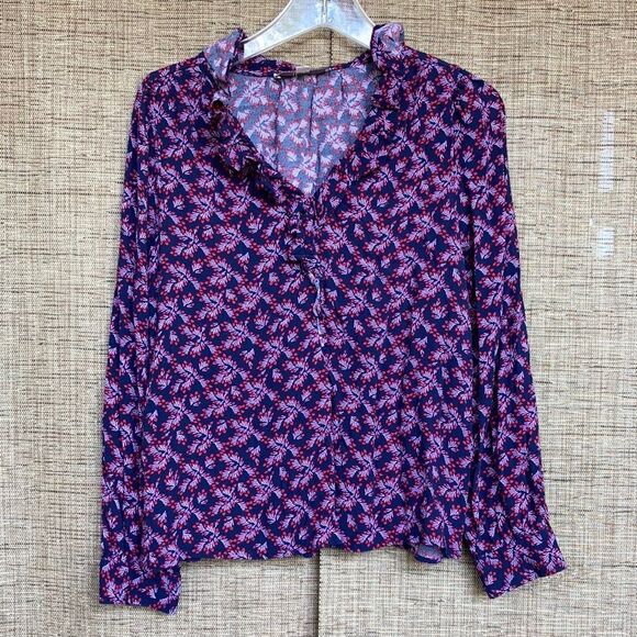 LOFT geo floral print rayon blouse red and navy - Picture 1 of 5